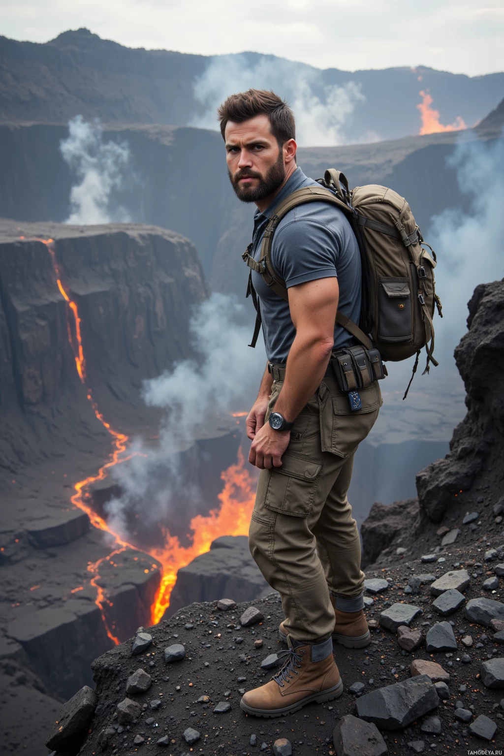 Realistic high quality photo. A rugged 34‑year‑old man with short dark brown hair, neatly trimmed beard, dark brown eyes, strong build in practical hiking gear with a utility belt and sturdy boots, standing on a scorched cliff edge in a post‑apocalyptic volcanic wasteland, watching ash settle from a recent eruption, heat radiating from flowing lava below, his posture determined and forward‑leaning.