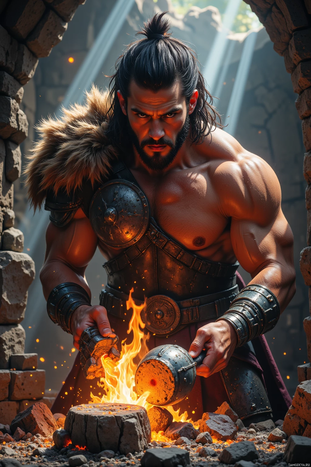Мускулистый воин в доспехах куёт светящийся металлический предмет у костра.