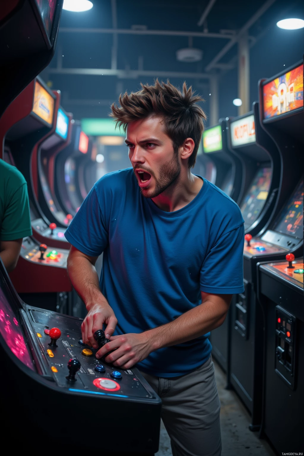 Realistic high quality photo. Male, 28, spiky brown hair, blue eyes, pale skin, wearing blue tee and casual pants, intensely focused, gripping a vintage arcade controller, shouting taunts in a dimly lit old arcade hall at night surrounded by classic 80s cabinets with dust motes swirling in the soft light.