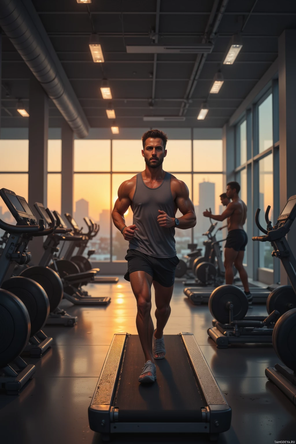 Realistic high quality photo. A 28‑year‑old man with short dark hair, intense blue eyes, and a toned physique in a sleeveless athletic top and sports shorts runs on a treadmill in a modern gym at sunrise, pushing a new member with disciplined intensity while the reflective floor catches the first light.