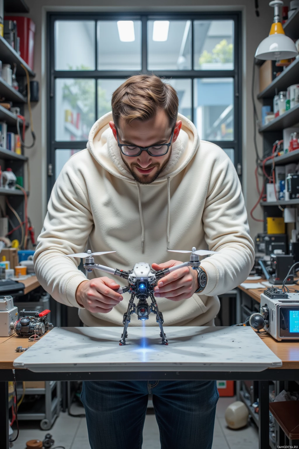 Realistic high quality photo. Male, 27, short brown hair, glasses, wearing a simple white hoodie and jeans, focused expression, in a cluttered sci‑fi laboratory filled with tangled wires and humming servo motors, assembling a prototype drone with solar panels that hovers a centimeter above a silver pane, a tiny blue HUD light blinking, sunlight filtering through a window, while the inventor grins at his breakthrough.