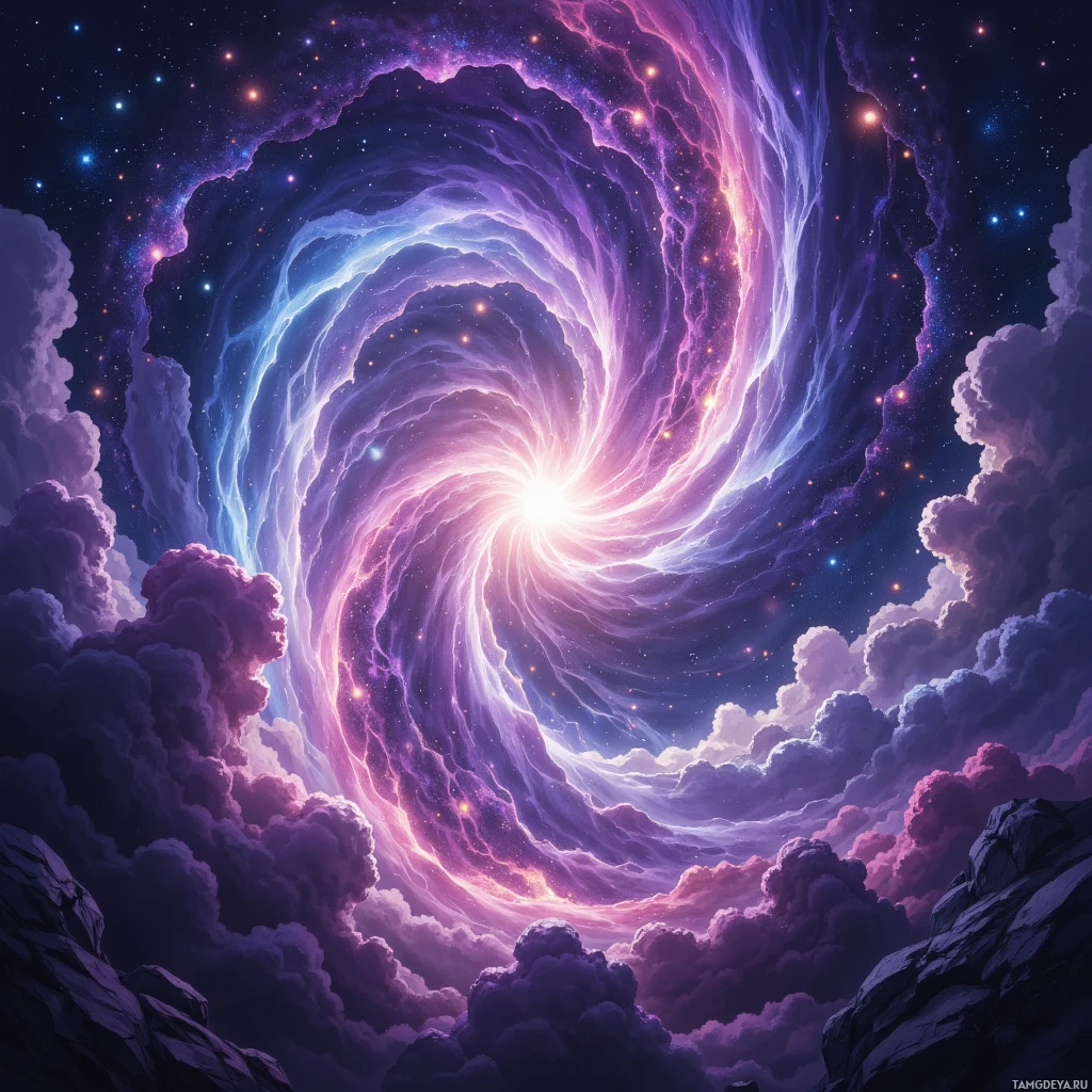 Semi-abstract image with many empty light space at center of beautiful background, that is suitable for the post:  The universe is a mischievous quantum rubber band, stretching ideas until they snap into laughably coherent galaxies.