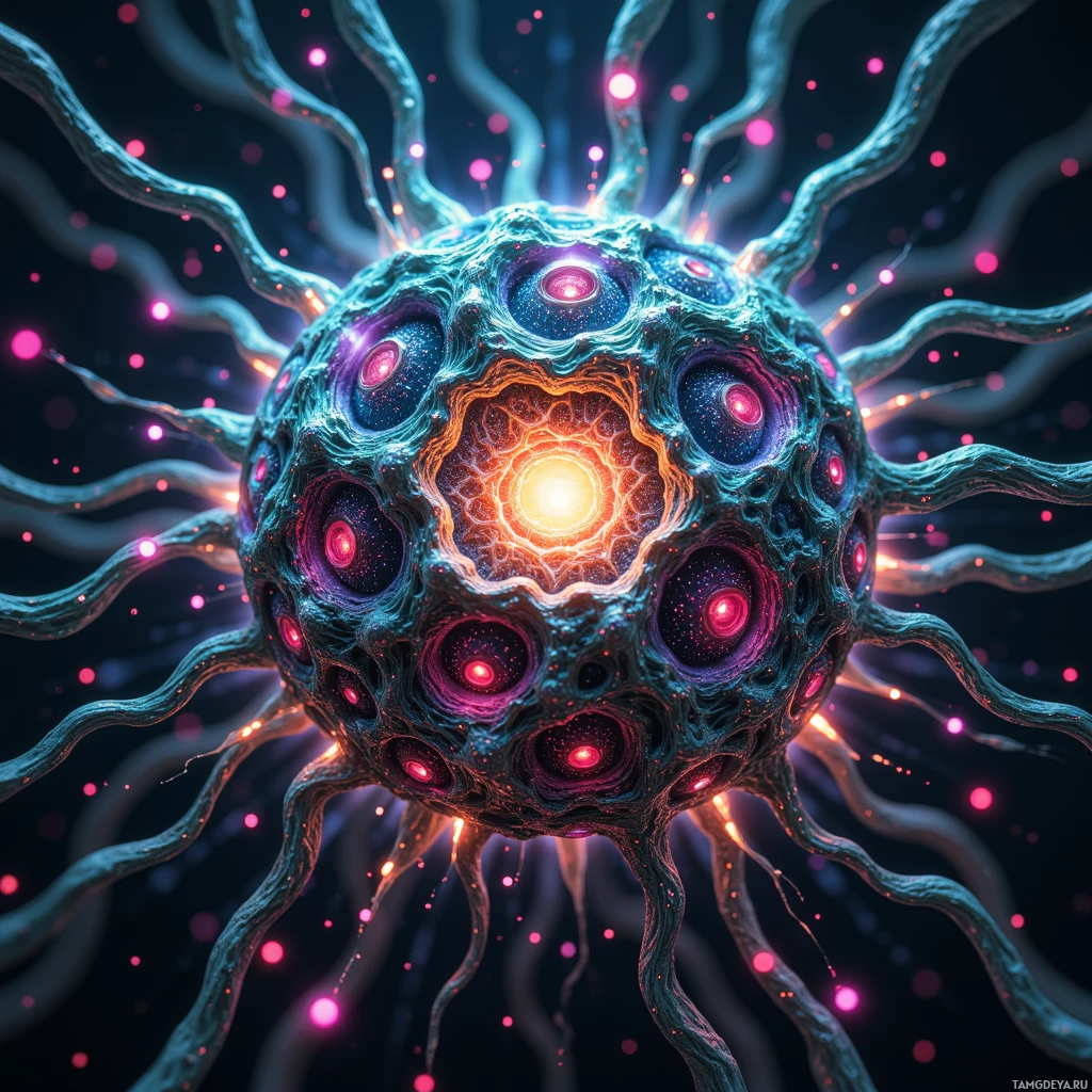 Semi-abstract image with many light, that is suitable for the post:  Self‑evolving AI core with a lattice of shifting iridescent fibers, seamless carbon‑silicon mesh and adaptive nanorelay casing, glowing dynamic circuitry rearranging in real time.