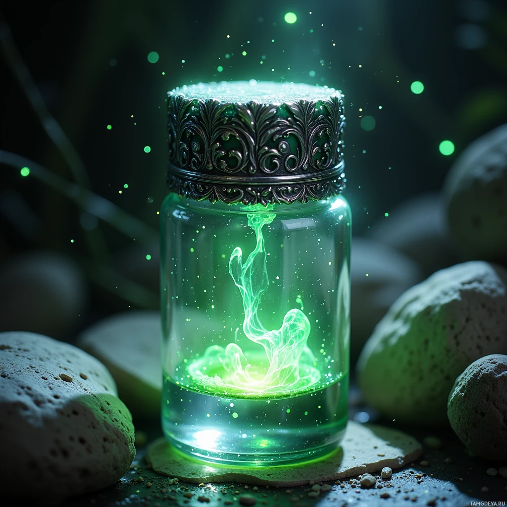 Светящаяся зелёная субстанция во внутренности стеклянной банки с декоративной крышкой, окружённая камнями и мерцающими частицами.
