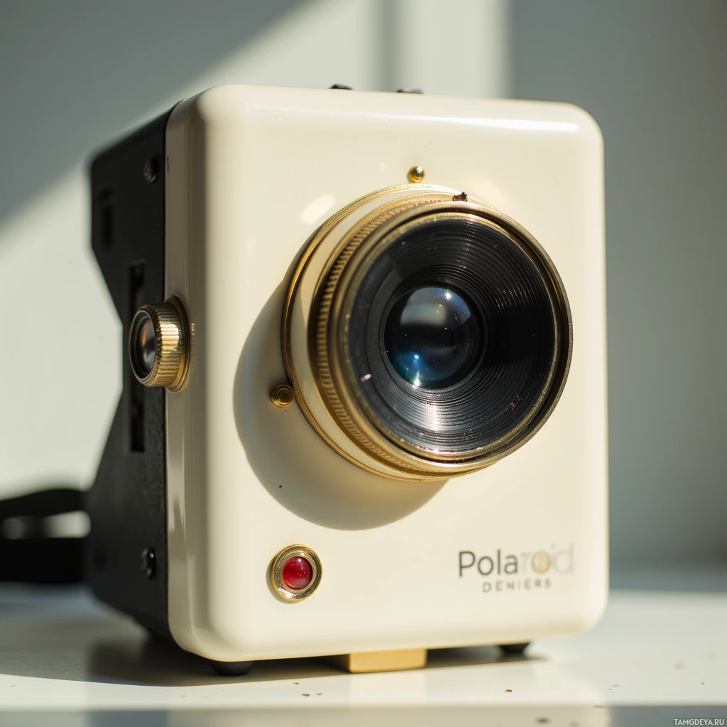 Semi-abstract image with many light, that is suitable for the post:  1957 Polaroid SX‑70 camera, crisp white plastic shell with faint gold rim around the glass lens, folding mechanism resembling a pocket watch, sleek vintage brass accents and compact square form.