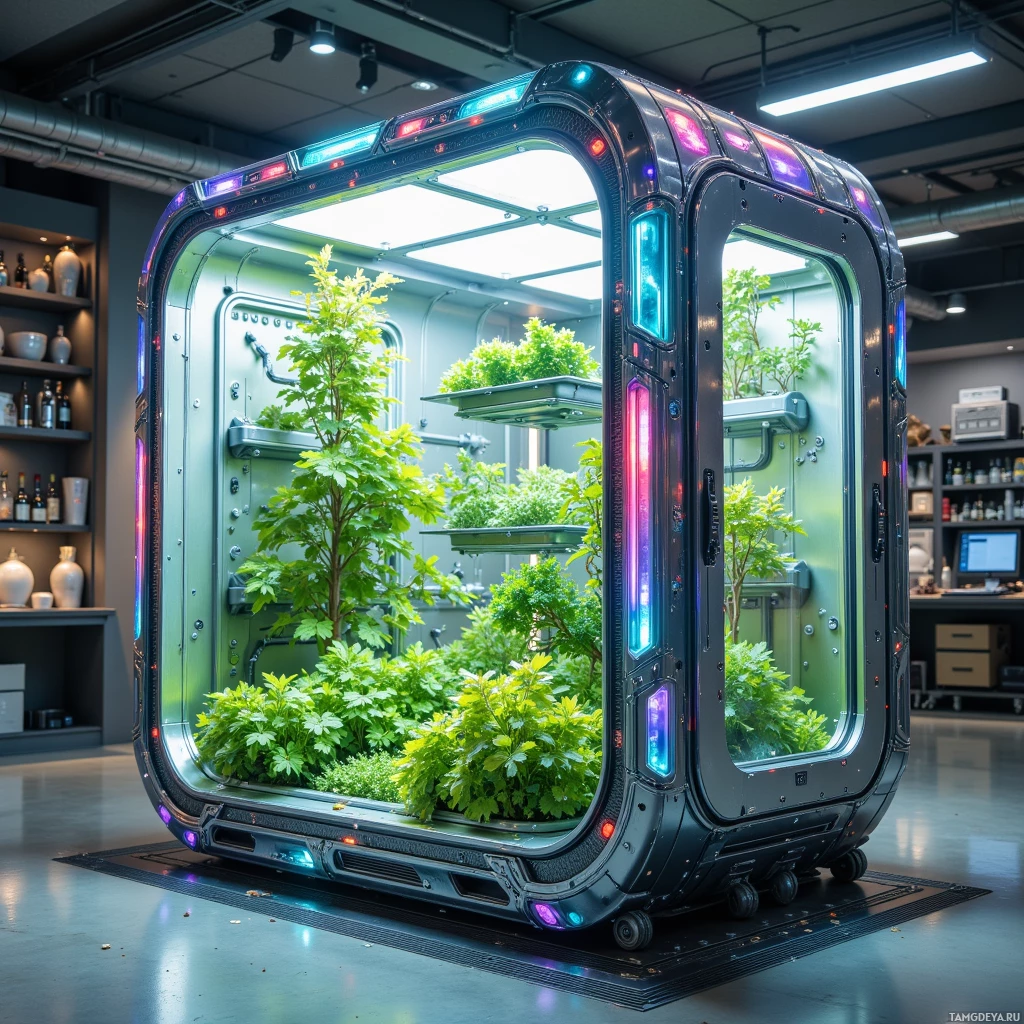 Semi-abstract image with many light, that is suitable for the post:  A futuristic vertical farm unit with a lightweight carbon‑fiber chassis and iridescent solar skins, folding from a compact 3‑meter cube into a 10‑meter greenhouse, featuring transparent hydroponic channels, aeroponic misting nozzles, a bio‑reactor chamber, and a sleek AI core hub.