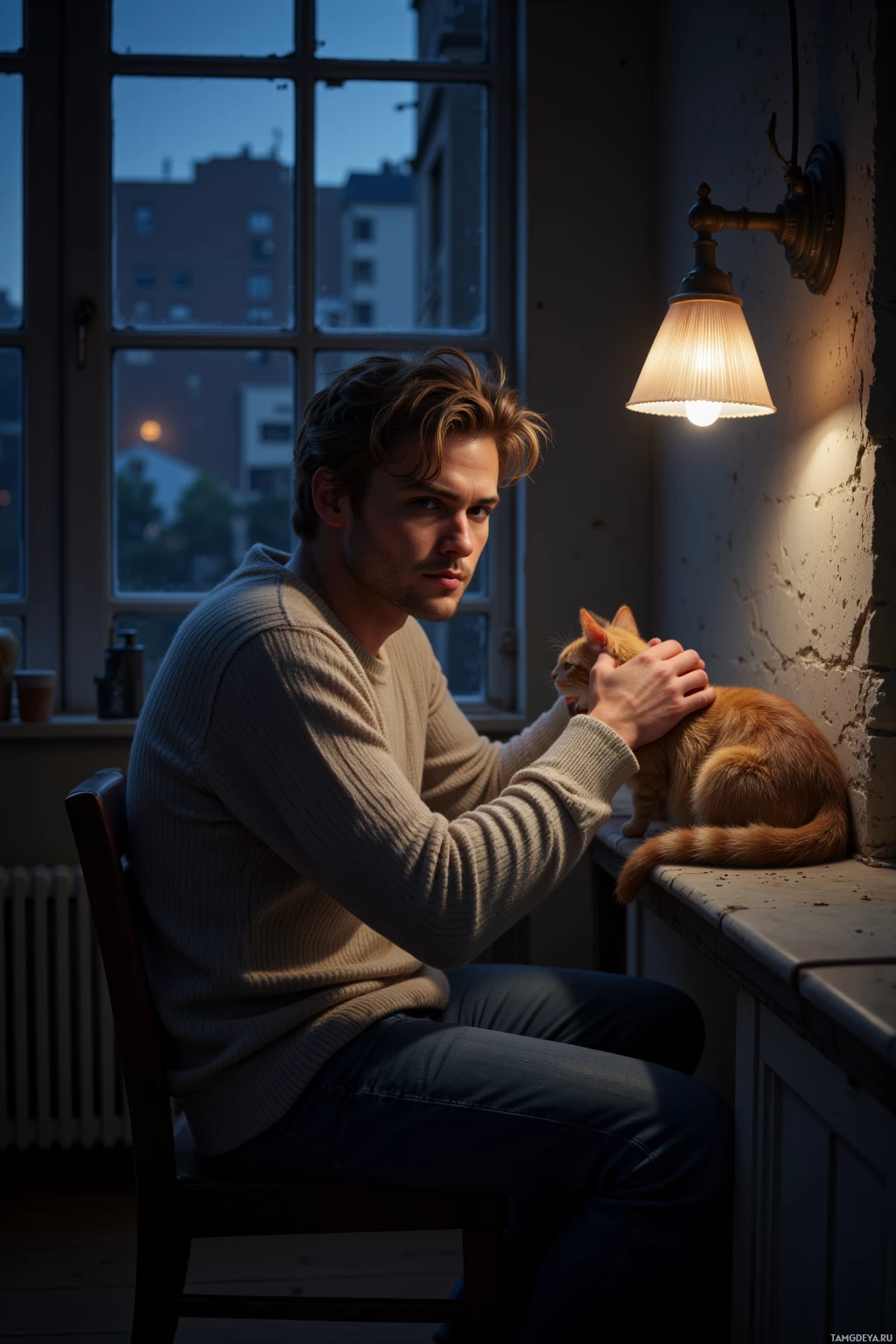 Realistic high quality photo. A 30‑year‑old man with messy blonde hair, gentle features, calm demeanor, wearing a cozy oversized sweater and jeans, sits by a window in a dimly lit apartment at night, a soft lamp light illuminating his thoughtful face while a cat curls on the windowsill, the city hum softly outside.