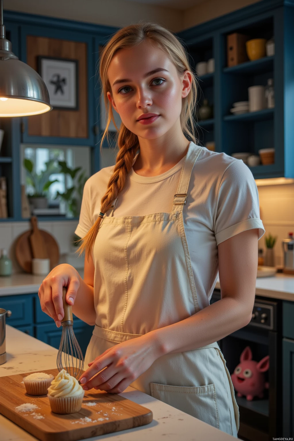 Realistic high quality photo. A cheerful 24‑year‑old woman with long blonde braided hair, bright blue eyes, fair skin, wearing a casual outfit and a charming apron, standing in a cozy kitchen at night, whisking cupcakes with baking soda while a whimsical sugar monster peeks from a pantry, with soft pendant light overhead and playful baking chaos around her.