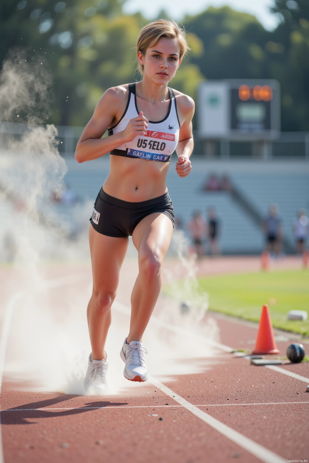 Спортсменка бежит по беговым дорожкам, одетая в спортивную форму и стартовый номер.