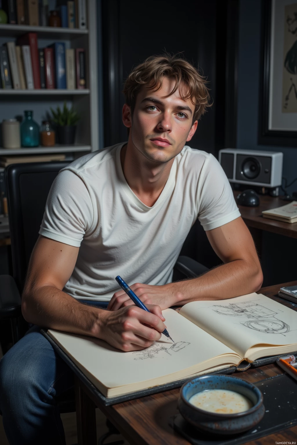 Realistic high quality photo. A 30‑year‑old man with messy light brown hair and soft green eyes, wearing a plain white T‑shirt and relaxed dark blue jeans, sits at a dimly lit desk at 3 a.m. in his home studio, sketchbook open with unfinished drawings, a blue pen poised, a small pot of soy sauce beside a portable speaker playing shifting music, reflecting a calm, improvisational creative atmosphere.