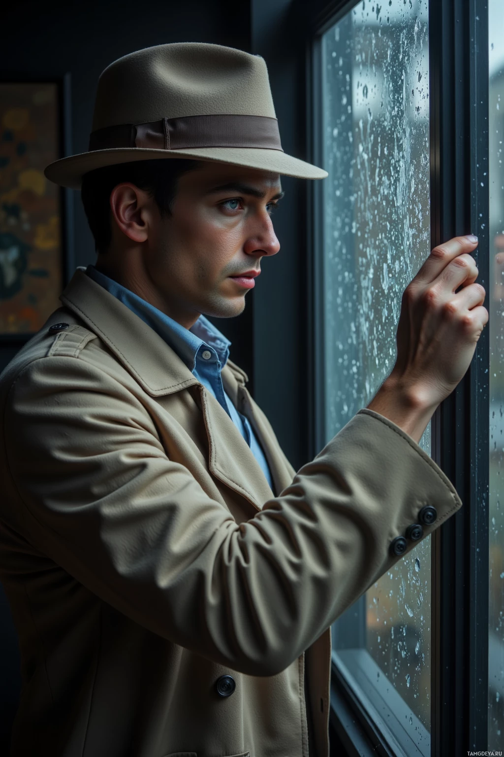Realistic high quality photo. A 38‑year‑old man with short brown hair, piercing blue eyes, wearing a beige trench coat and classic fedora, stands at a rain‑slicked office window tracing patterns on wet glass, late night, his expression meticulous and detached, with a faint hint of empathy in the noir mystery atmosphere.