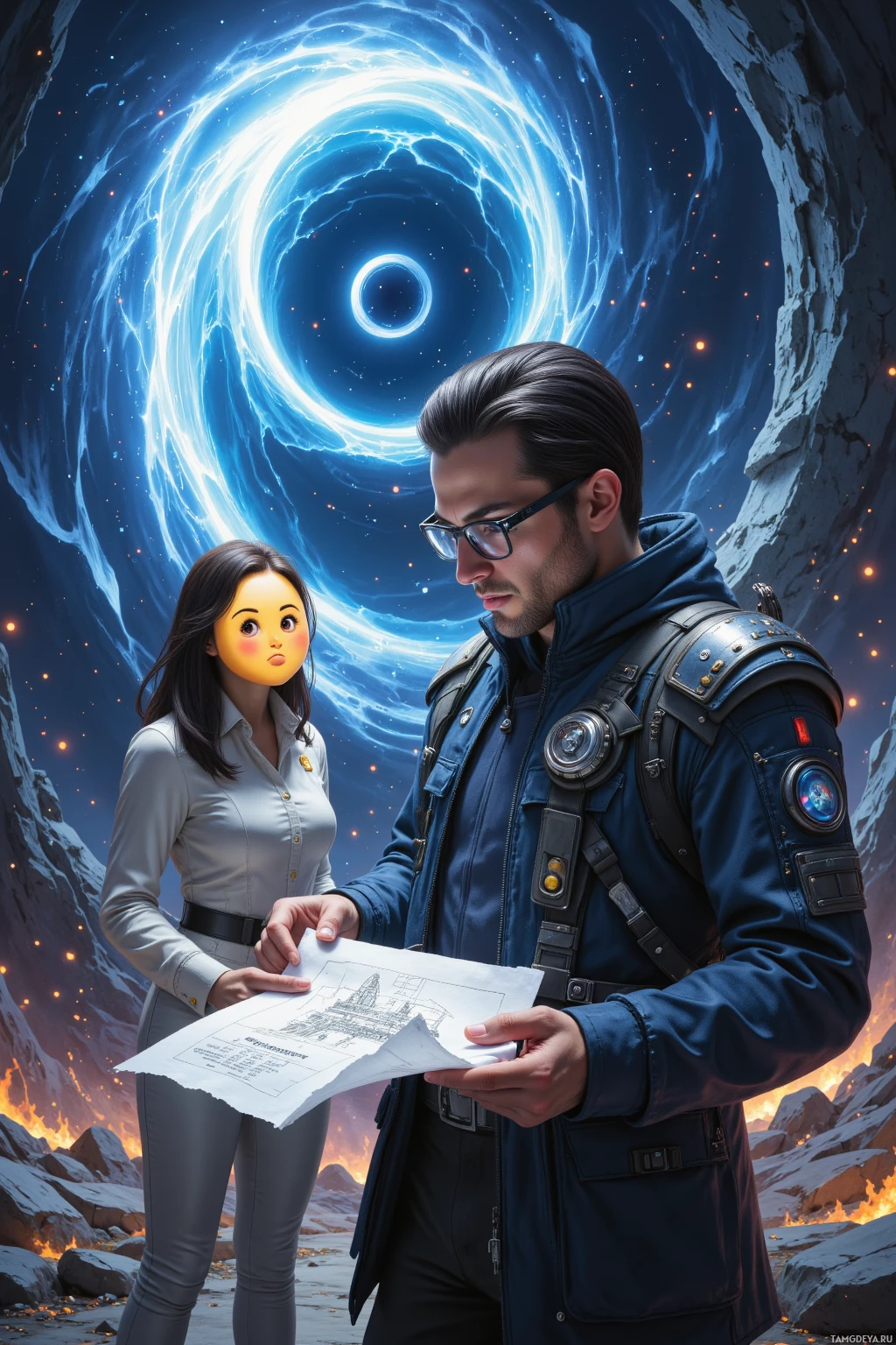 Realistic high quality photo. Male engineer, 28, with sleek black hair, sharp blue eyes, pale skin, wearing a futuristic jacket with metallic accents and rectangular glasses, folds a starship blueprint into a napkin on an orbital launchpad while a latte-sized wormhole spirals above, his assistant’s face permanently replaced by an emoji, surrounded by chaotic debris and quantum panels beneath a midnight sky.