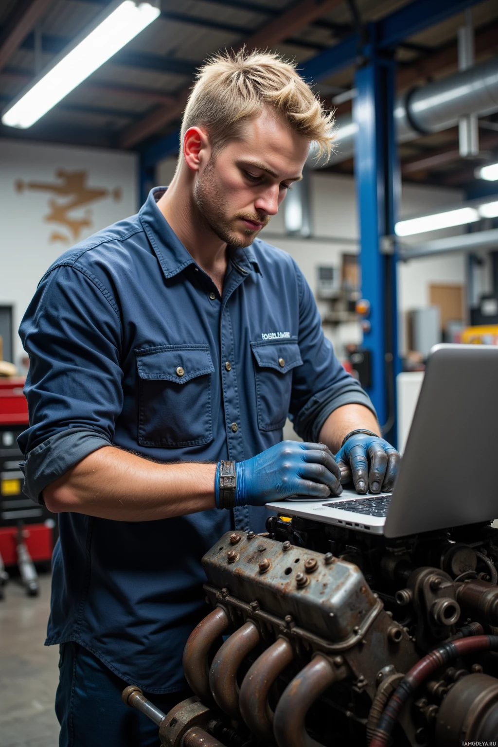 Realistic high quality photo. Male, 34, short blonde hair, blue eyes, wearing a rolled-up mechanic shirt and work gloves, standing in a cluttered modern garage with overhead fluorescent lights, surrounded by bolts and a laptop open to a diagnostics spreadsheet, closely examining an old V8 engine, focused and methodical.