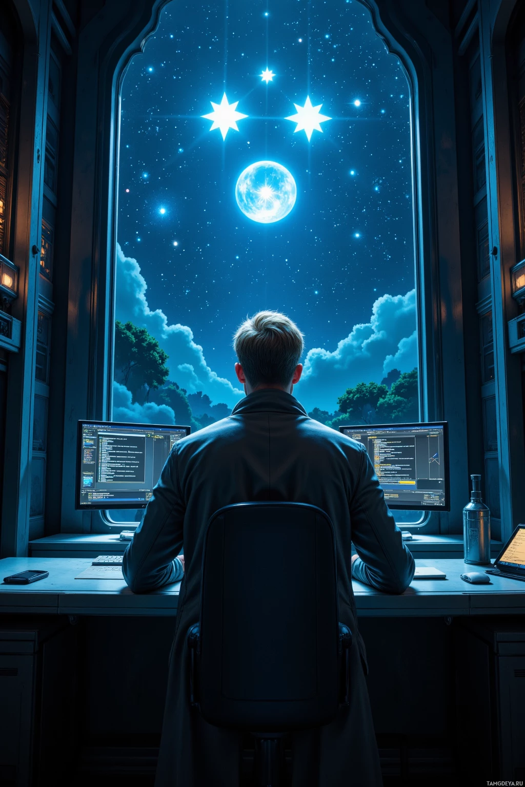 Realistic high quality photo. Tall man, 35, short blonde hair, pale skin, blue eyes, wearing a long muted‑tone streamlined coat and minimalist cyberpunk attire, seated at a dimly lit server console in a high‑tech data hub, watching a glowing server clock and the night sky with three stars aligned above a window, logging anomalies on a holographic interface.