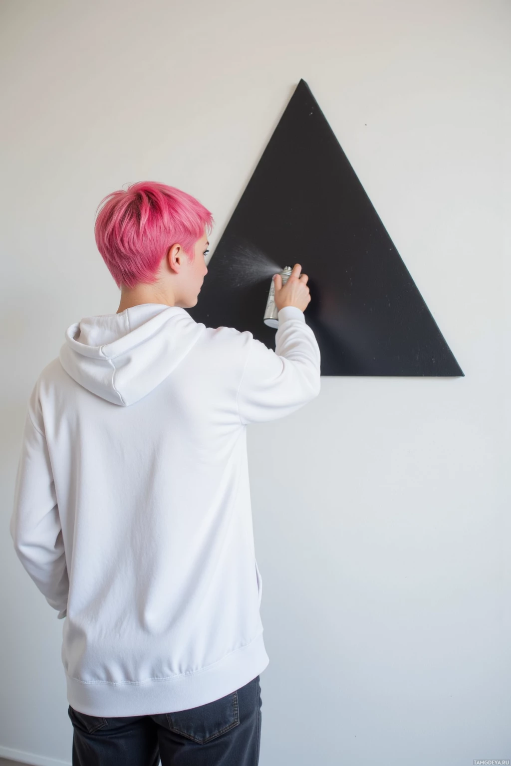 Realistic high quality photo. A 26‑year‑old woman with short bold pink hair and bright blue eyes, wearing a white hoodie, standing in a modern studio with a plain white wall, spray‑painting a large matte black triangle that casts sharp shadows while a kettle hisses in the corner.