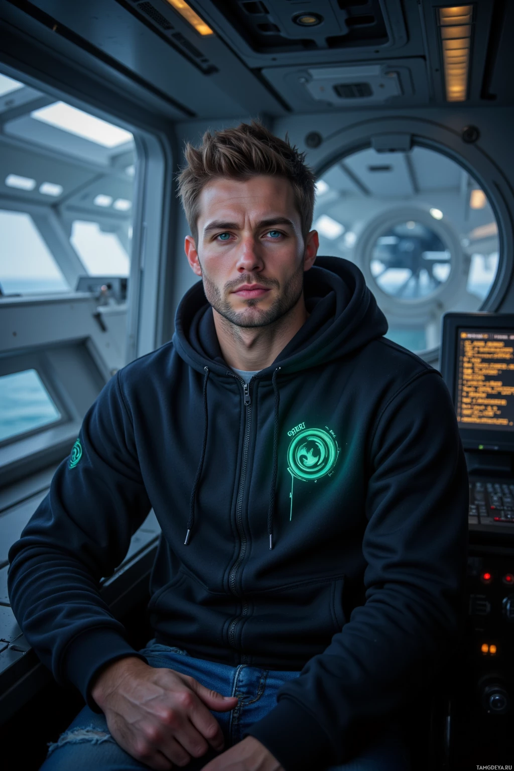 Человек в толстовке со светящимся знаком сидит в футуристическом интерьере.