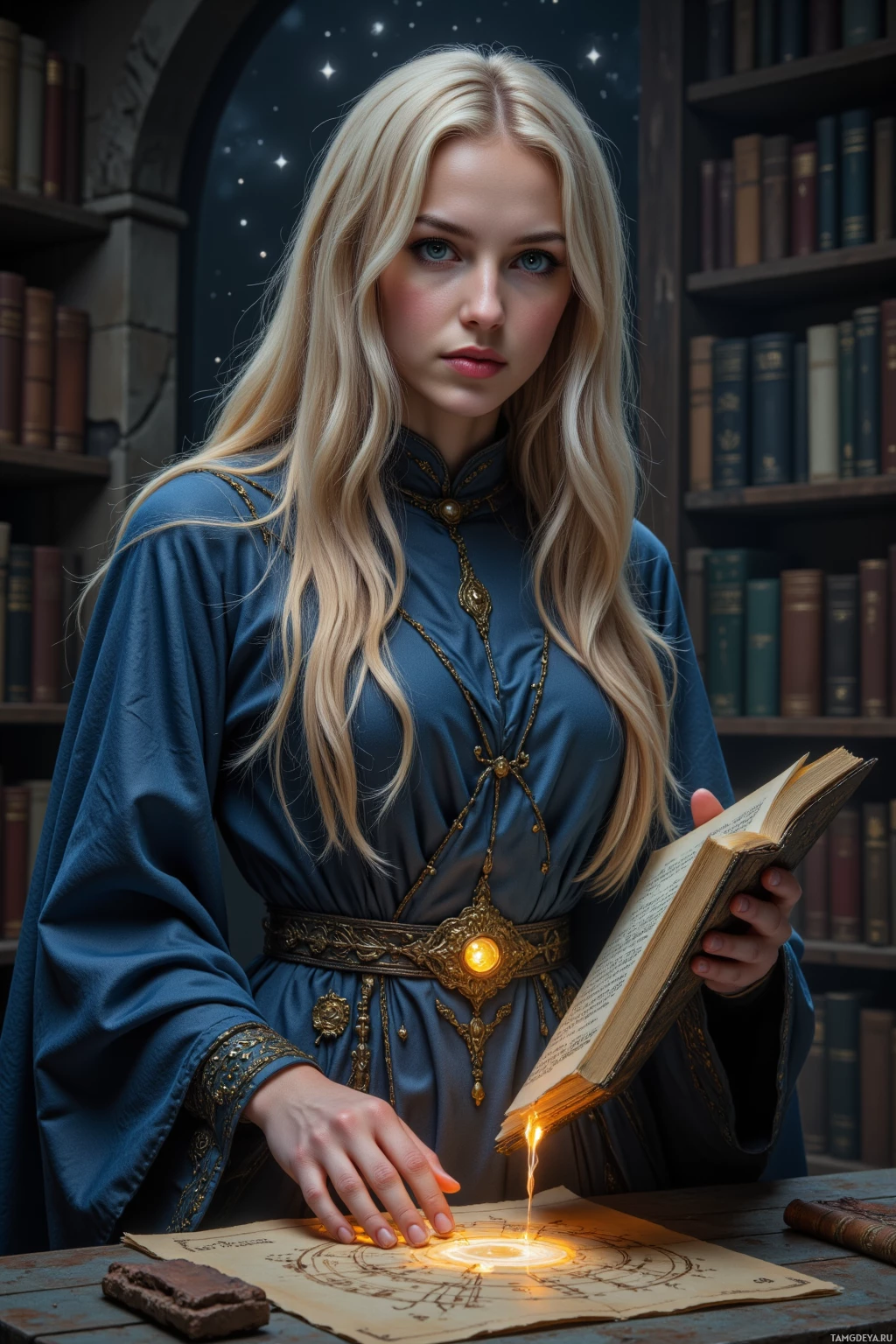 Realistic high quality photo. Female sorceress, 33, long flowing blonde hair, piercing blue eyes, pale skin, elegant robe adorned with glowing runes, standing in a dimly lit ancient stone library at night, recalibrating a crystal tome and moonstone binding while a clumsy apprentice scrambles to align sigils under a faint glowing star chart.