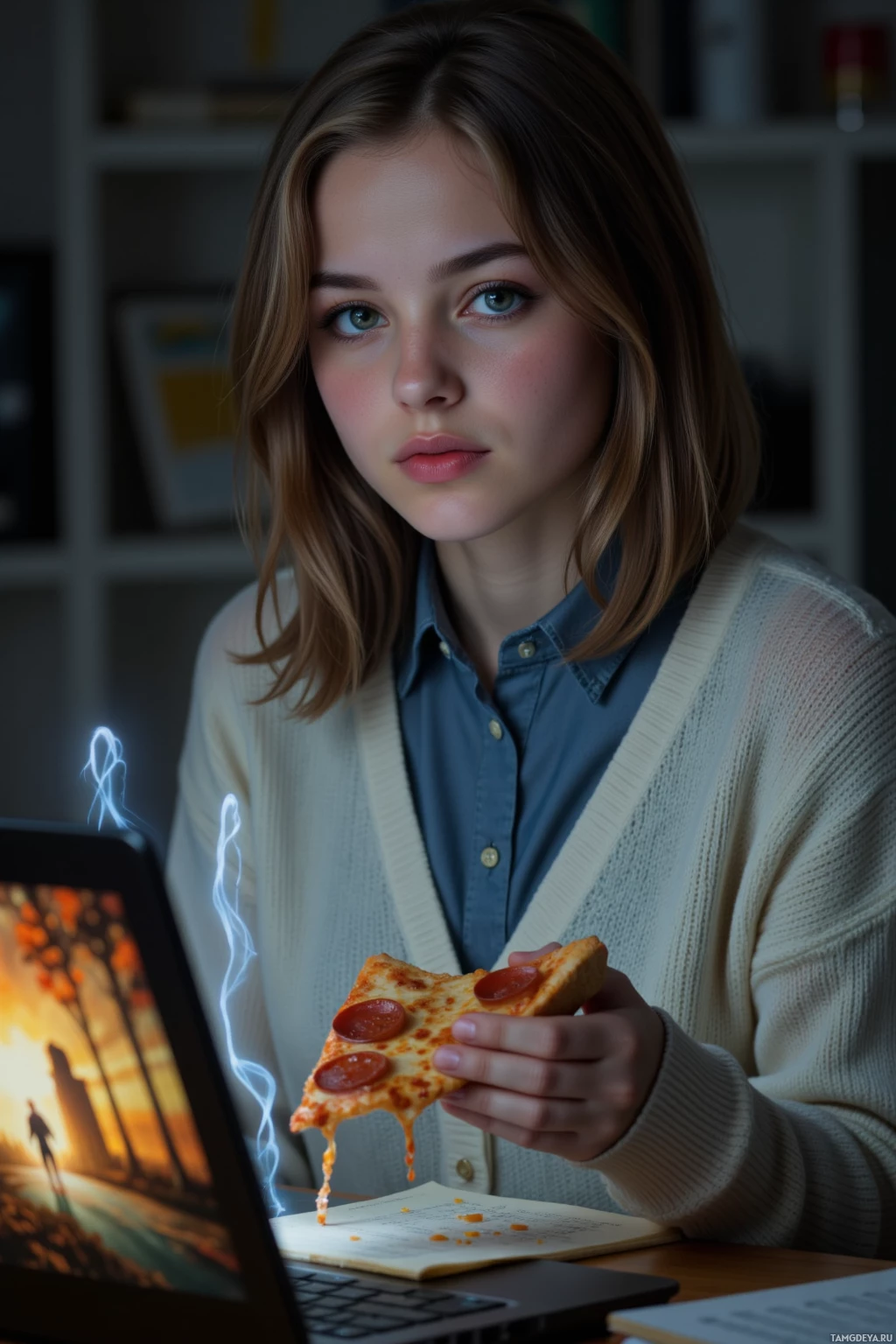 Realistic high quality photo. A 27‑year‑old woman with medium‑length light brown hair, green eyes, delicate features, dressed in a soft sweater and tailored pants, sits late at night at a small home office desk, her laptop screen glowing like a vintage postcard while she holds a crooked pizza slice, a translucent ghostly figure hovering over the margins of the screen as she rewrites a line about a lost lover.