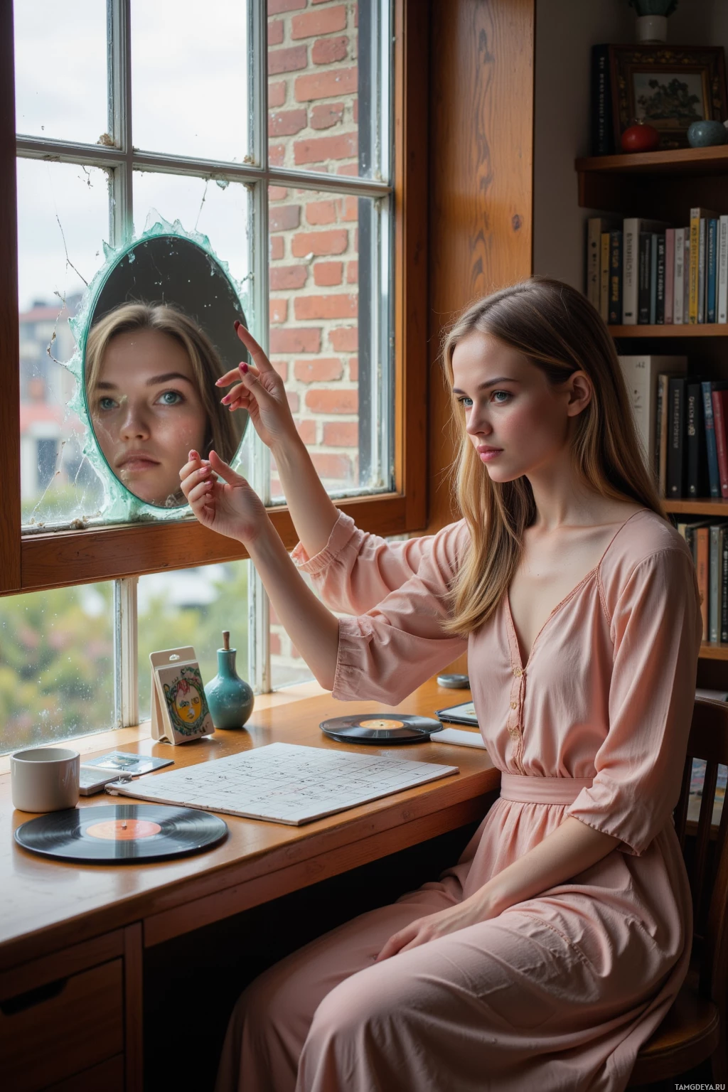 Realistic high quality photo. Woman, 27, long light brown hair, green eyes, wearing a flowing dress with muted cosmic pattern, seated at a wooden desk in a softly lit apartment at afternoon, dismantling a reflection in a shattered windowpane while a Sudoku puzzle with swirling numbers lies in front of her, scattered vinyl records nearby, warm light filtering through a nearby window.