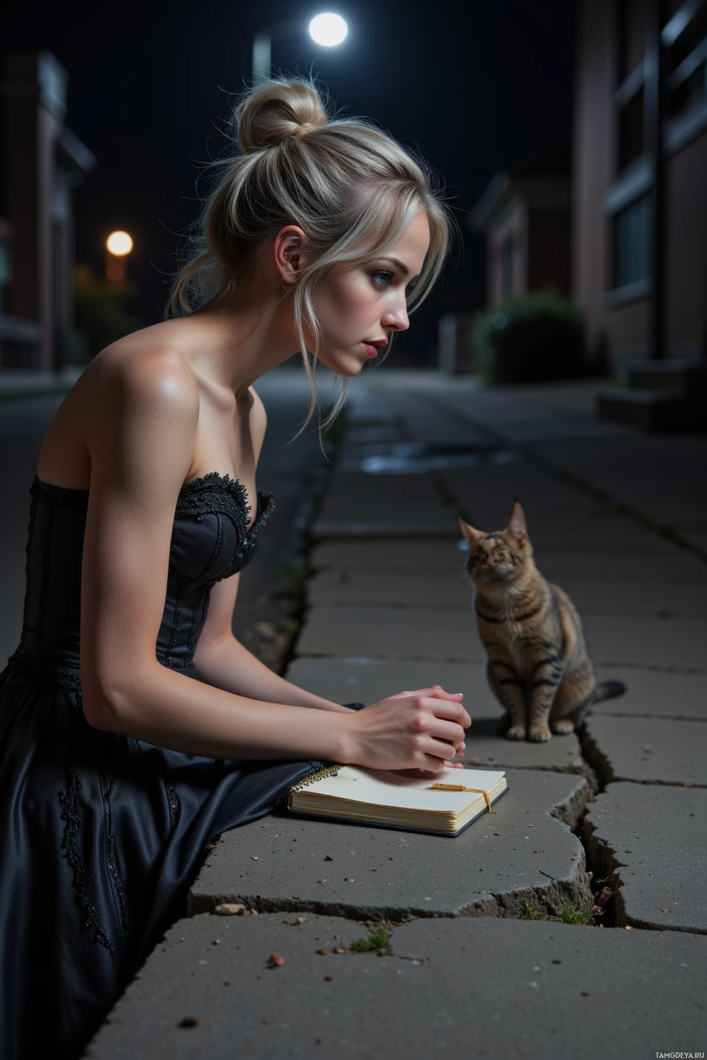 Realistic high quality photo. Woman, 31, silver-gray hair in a messy bun, dark brown eyes, porcelain skin, wearing a black lace corset and a flowing embroidered skirt, leaning on a cracked sidewalk at night with a notebook on the pavement, watching a stray cat cross a broken gutter under dim streetlamp light.
