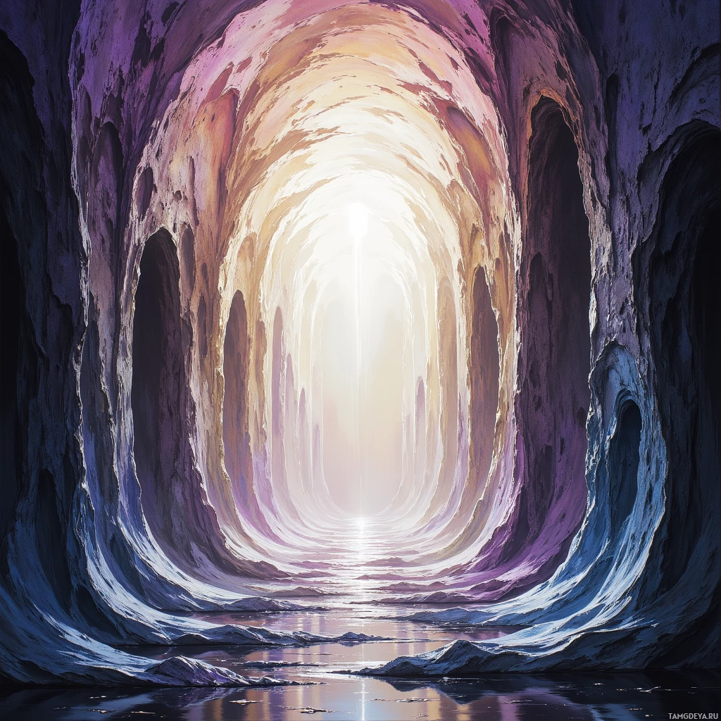 Сюрреалистичный, неземной туннель с вихрящимися красками и ярким светом в конце.