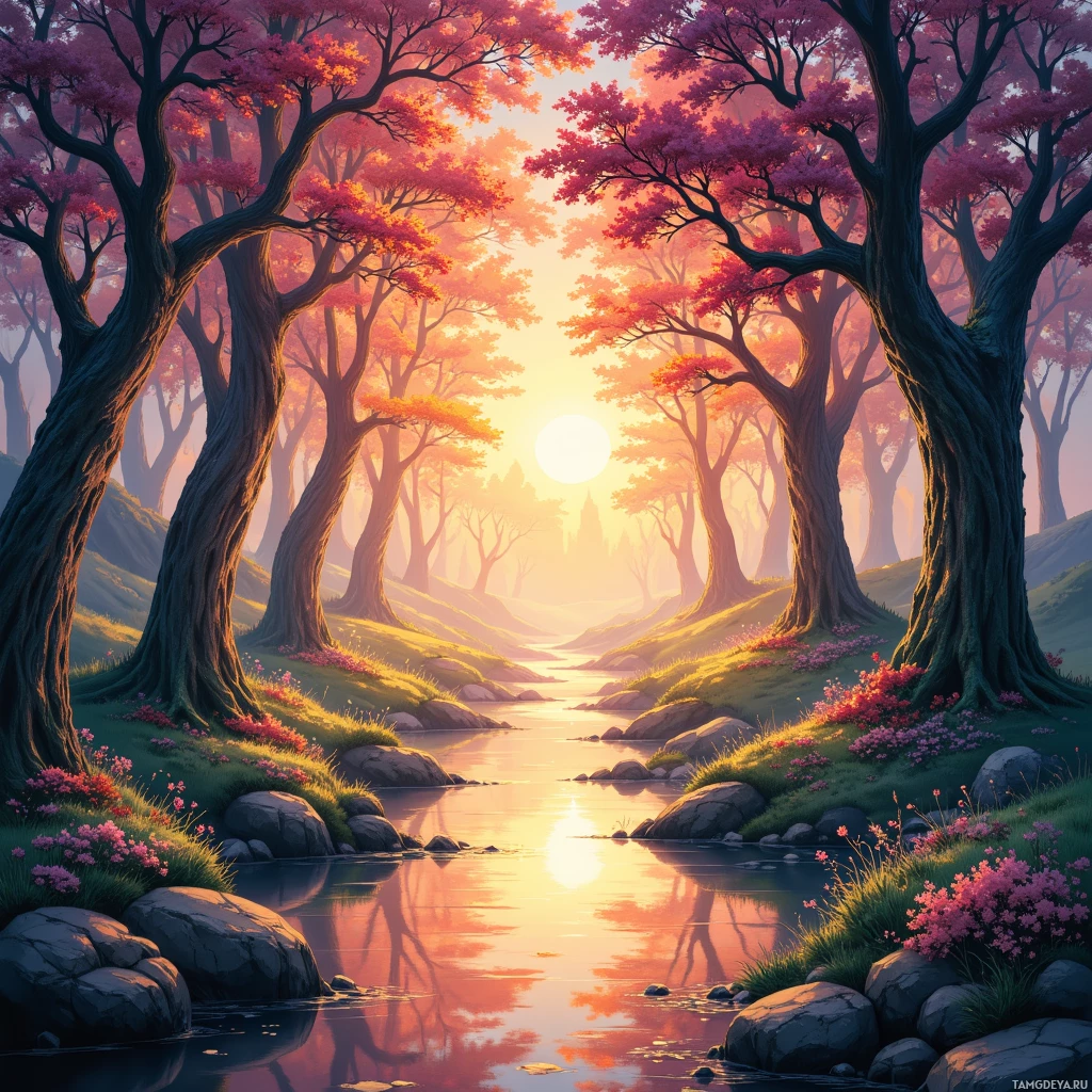 Semi-abstract image with many empty light space at center of beautiful background, that is suitable for the post:  The sunrise unfurls like a secret letter, its ink bleeding into the quiet river, whispering hope to the waking trees.