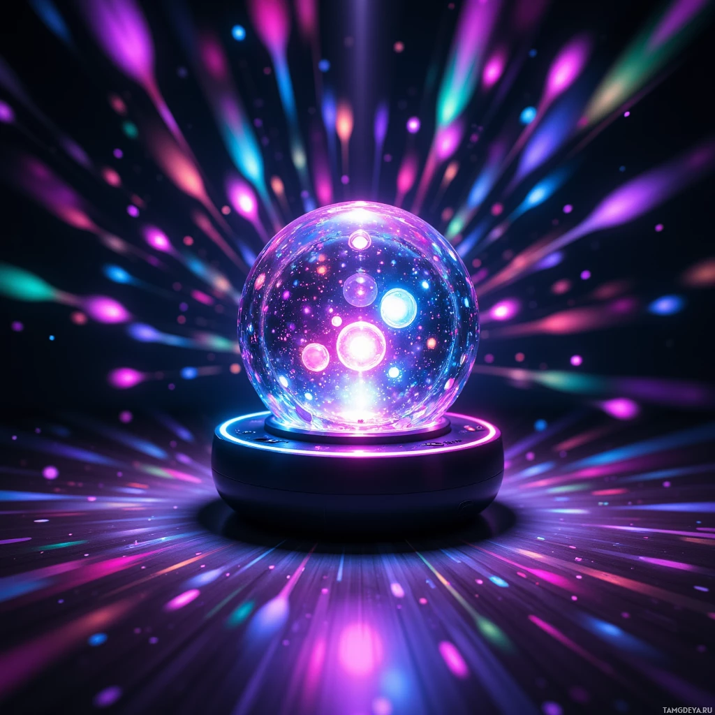 Сверкающий, красочный хрустальный шар излучает яркие лучи света на тёмном фоне.
