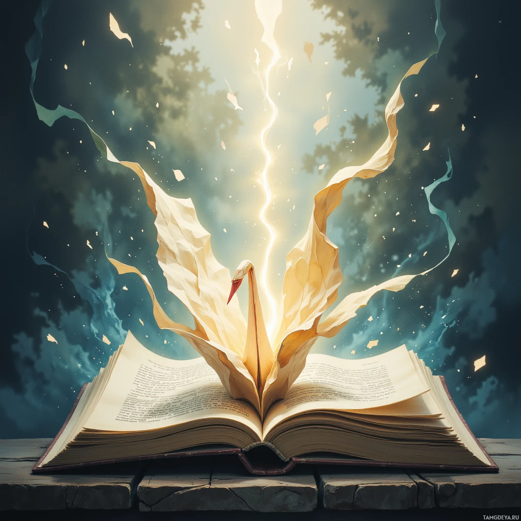 Semi-abstract image with many empty light space at center of beautiful background, that is suitable for the post:  A cracked book page curls like a paper crane, whispering secrets only my ear understands.