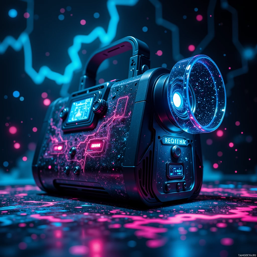 Semi-abstract image with many light, that is suitable for the post:  Sleek black handheld holographic graffiti projector pod with a rotating lens, matte black chassis, glowing holographic light in neon blues and hot pinks, built‑in AI interface panel and touch screen controls, illuminated LED ring.