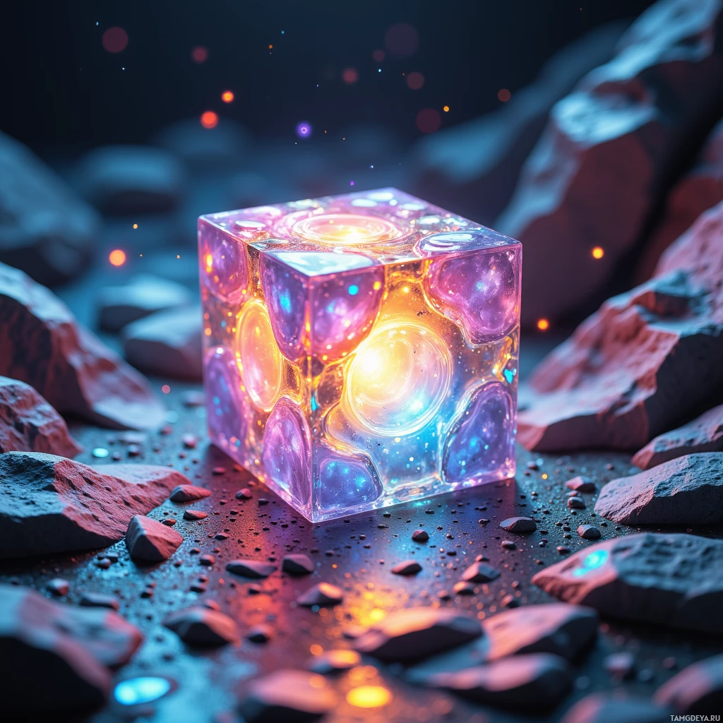 Semi-abstract image with many light, that is suitable for the post:  Tiny prism of lightweight titanium alloy with swirling translucent heat‑responsive glass, emitting pastel rainbow glow that shifts color when touched, with holographic shimmering surfaces.