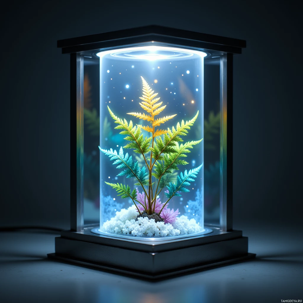 Semi-abstract image with many light, that is suitable for the post:  Tiny frosted glass terrarium with a delicate fern inside, its veins glowing in soothing blues and warm amber, illuminated by a sleek LED microcontroller projecting dynamic light patterns onto the leaves, minimalist brushed metal frame.