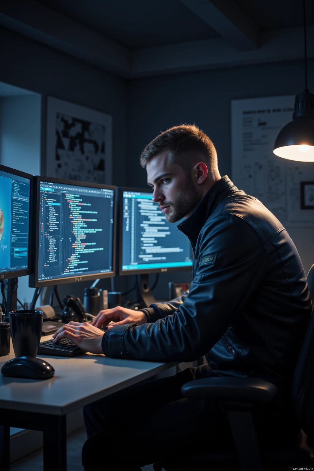 Человек работает за столом, на нескольких мониторах отображается код.