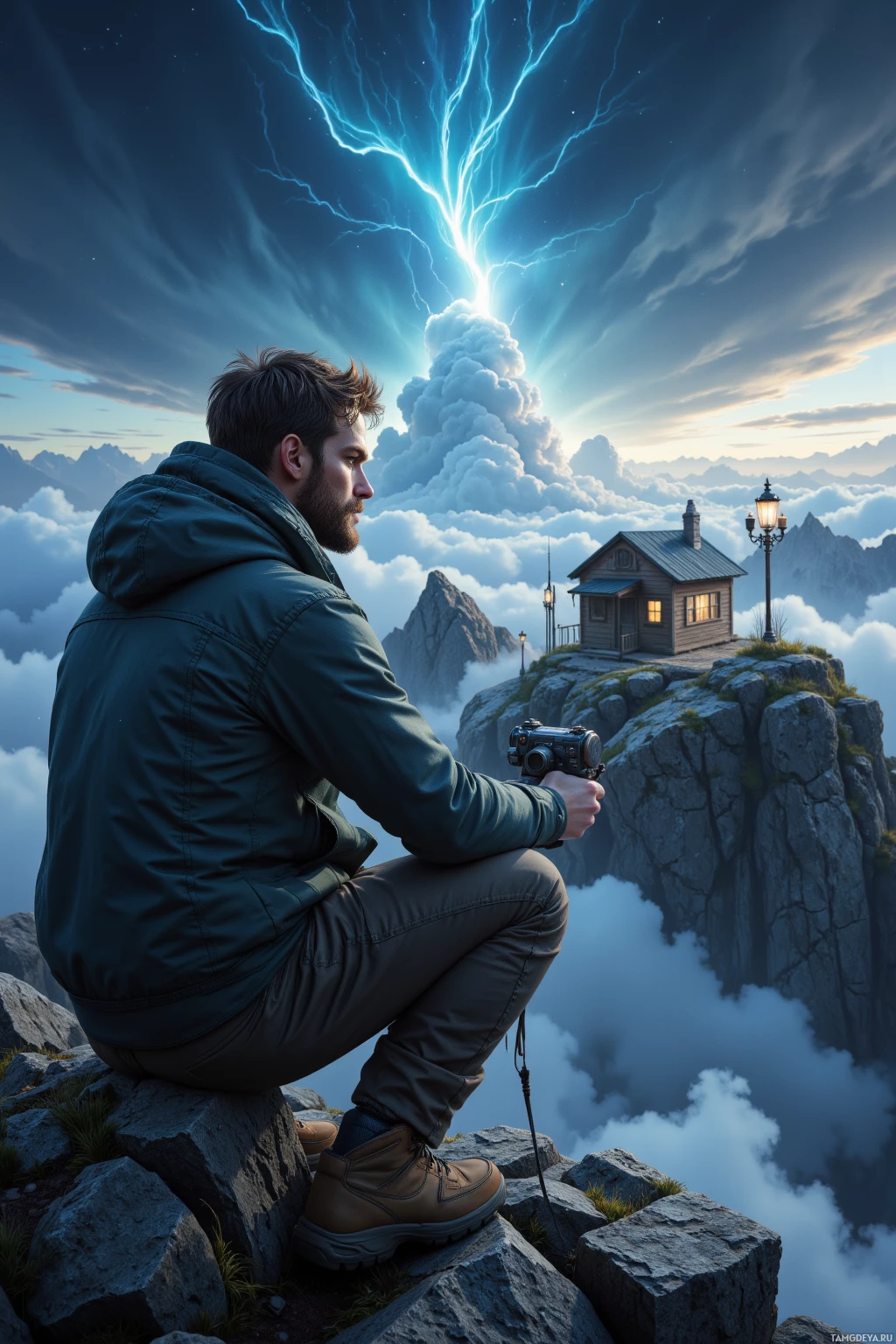 Мужчина сидит на скалистом выступе, держа в руках фотоаппарат, и смотрит на дом, зацепившийся за скалу, окружённый облаками и молниями.