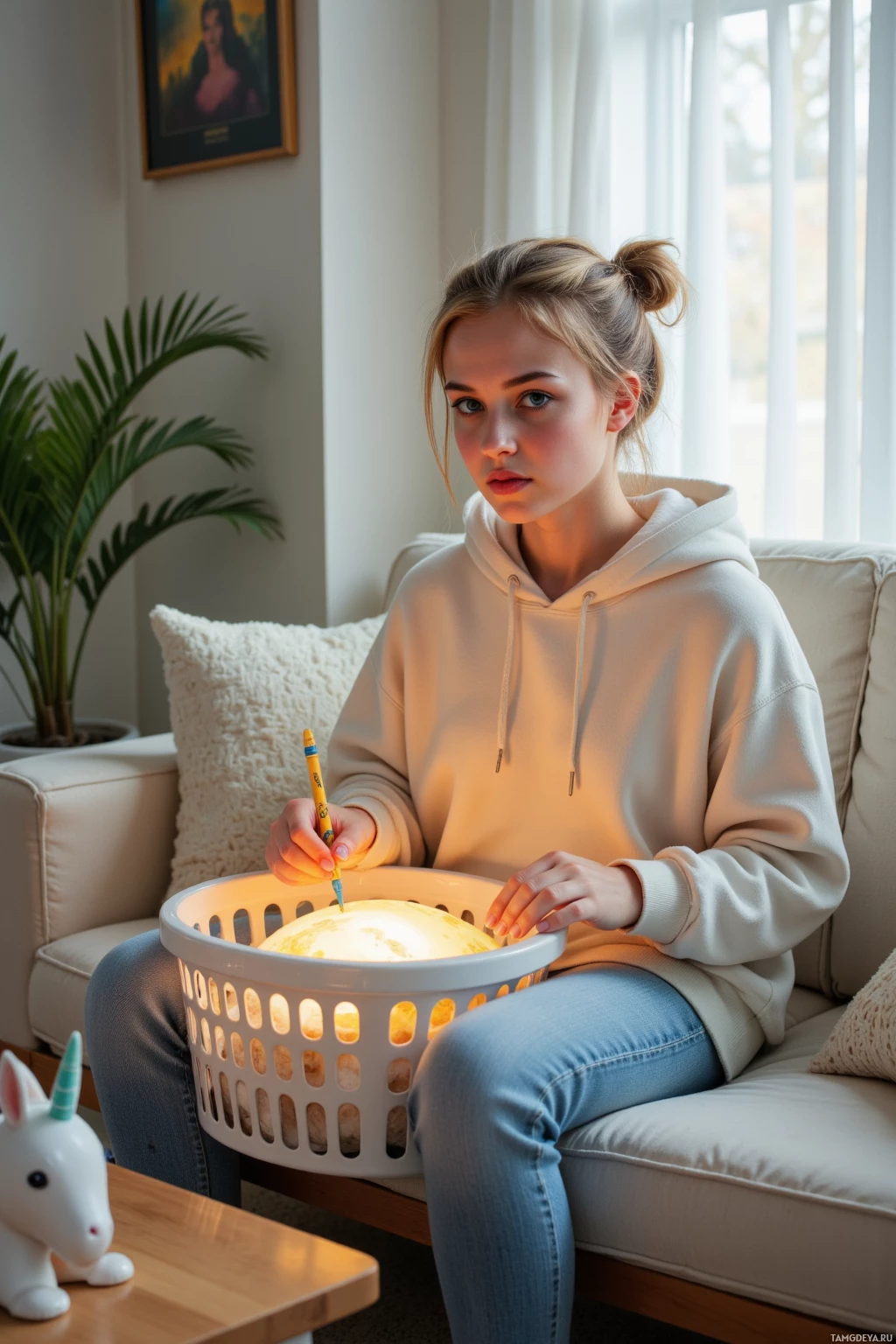 На диване сидит человек, держа в корзине светящийся предмет. На заднем плане видны растение и рамка с фотографией.