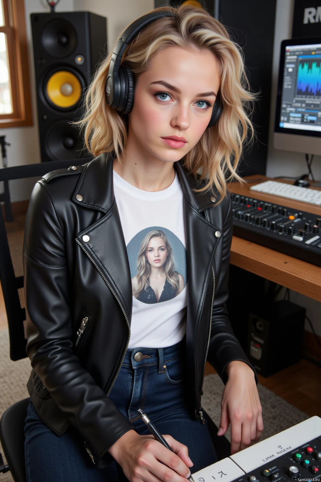 Человек в наушниках и кожаной куртке сидит в звукозаписывающей студии.