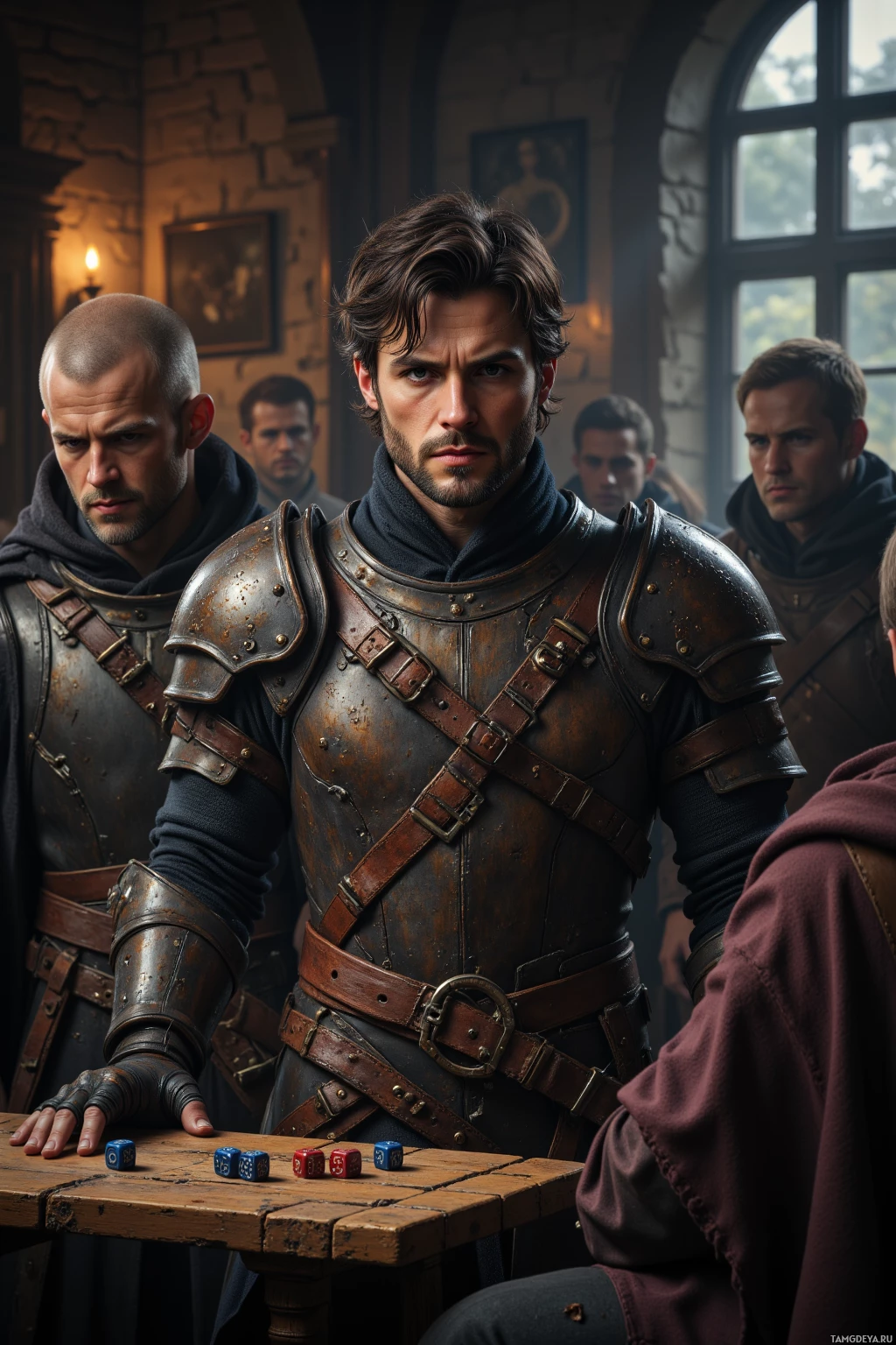 Группа мужчин в доспехах и одеяниях, напоминающих средневековье, собралась вокруг стола с костями, словно обсуждая что-то или играя.