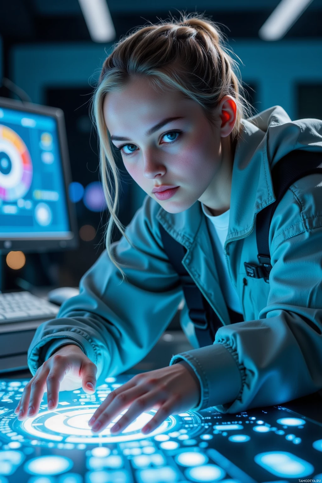 Человек в лёгкой куртке взаимодействует с футуристичной, подсвеченной панелью управления.