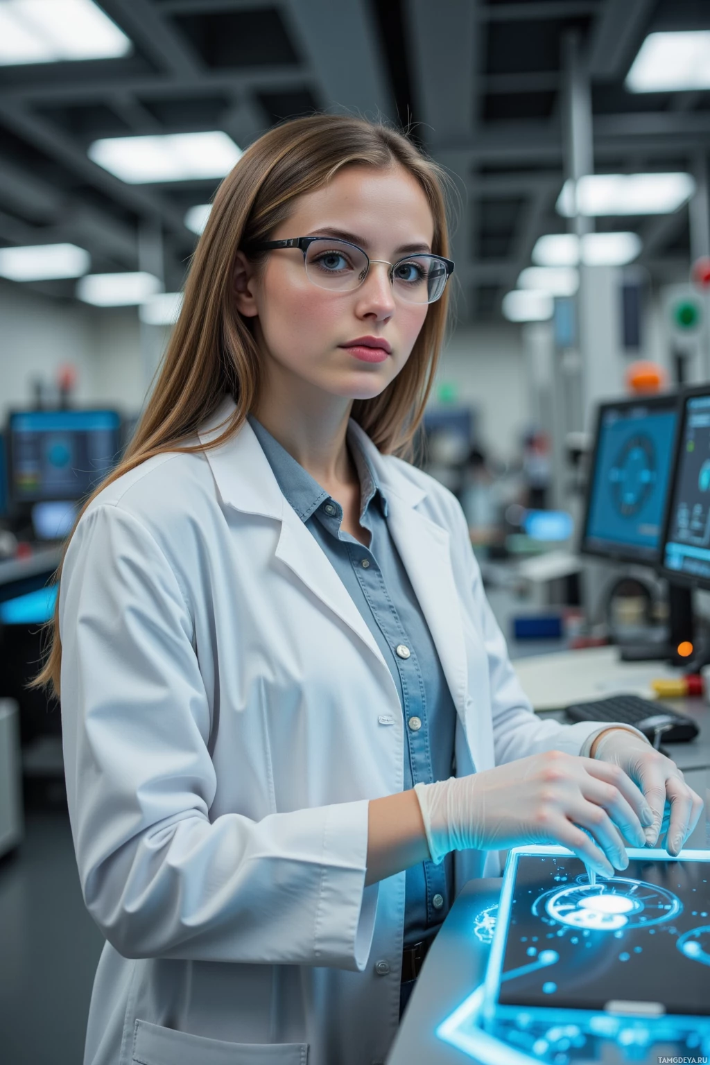 В лаборатории женщина в халате и перчатках работает за современной вычислительной системой.