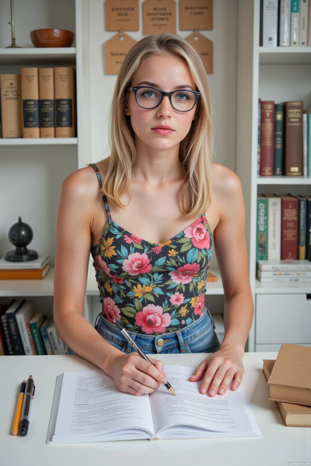 Молодая женщина в очках и с цветочным принтом на блузке сидит за столом, заваленным книгами и бумагами, видимо, учится или работает.
