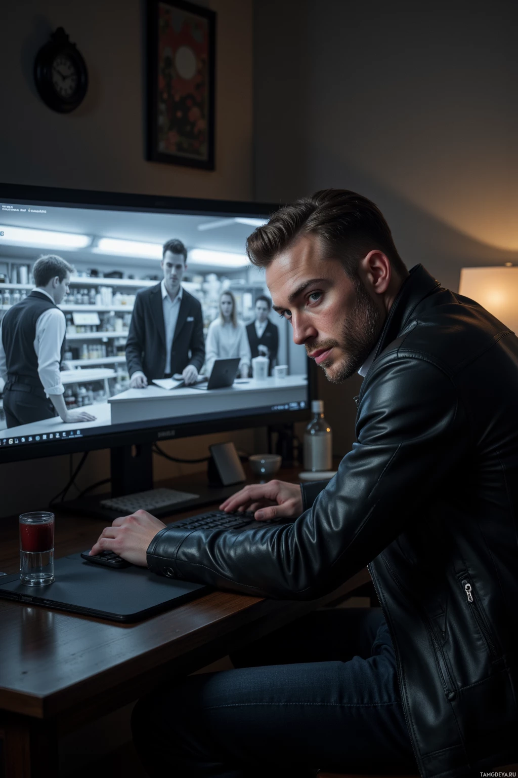 Мужчина в кожаной куртке работает за компьютером в полумраке, на заднем плане видны другие люди.