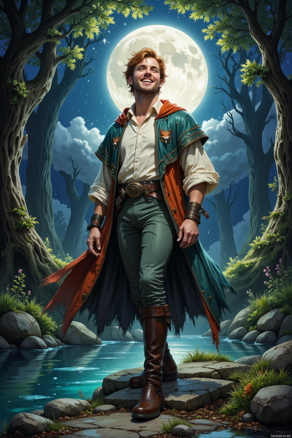 Мужчина стоит у спокойной реки под полной луной, окруженный густым лесом.