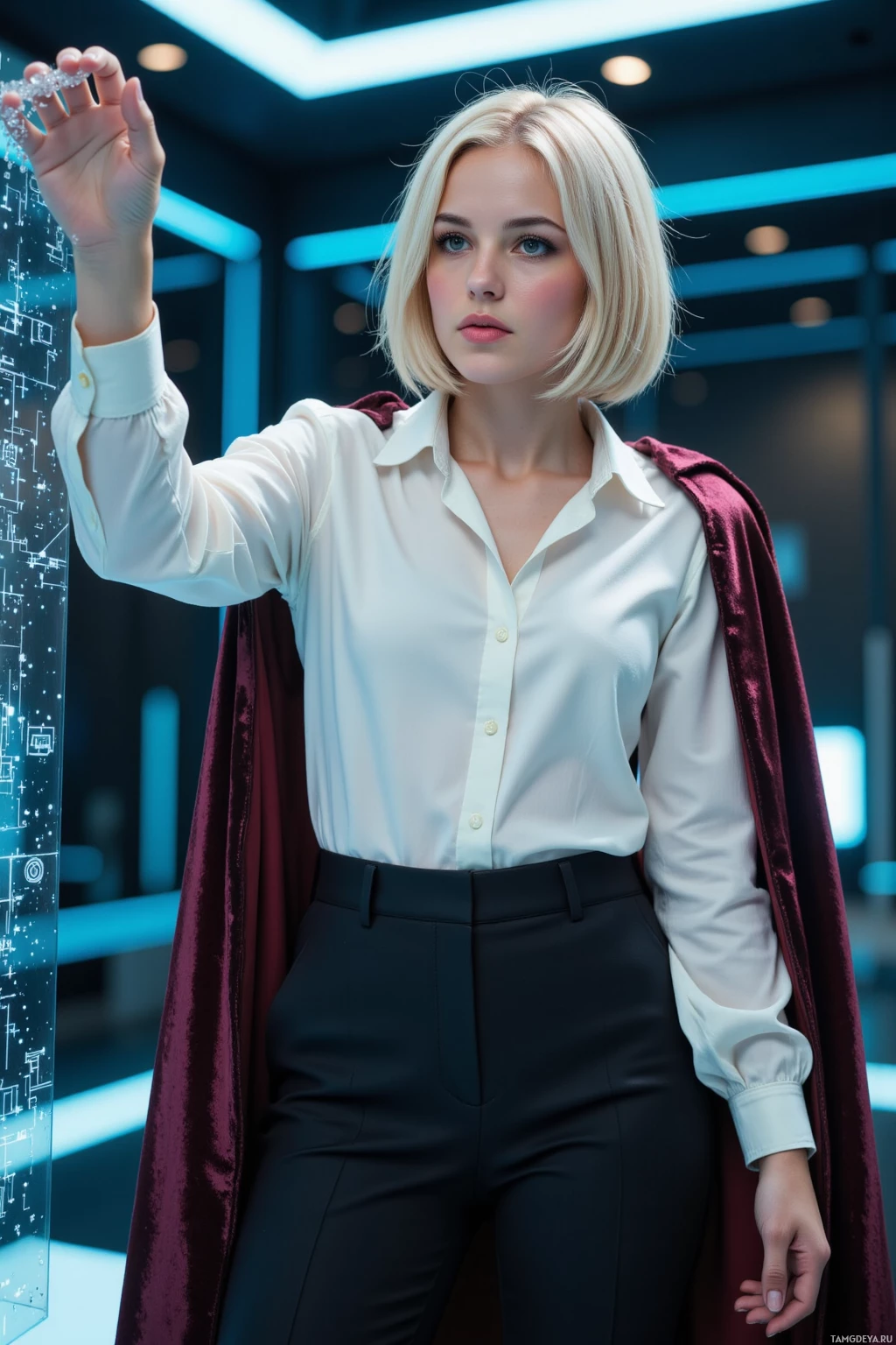 Женщина в белой рубашке и черных брюках стоит в светлой, современной комнате.