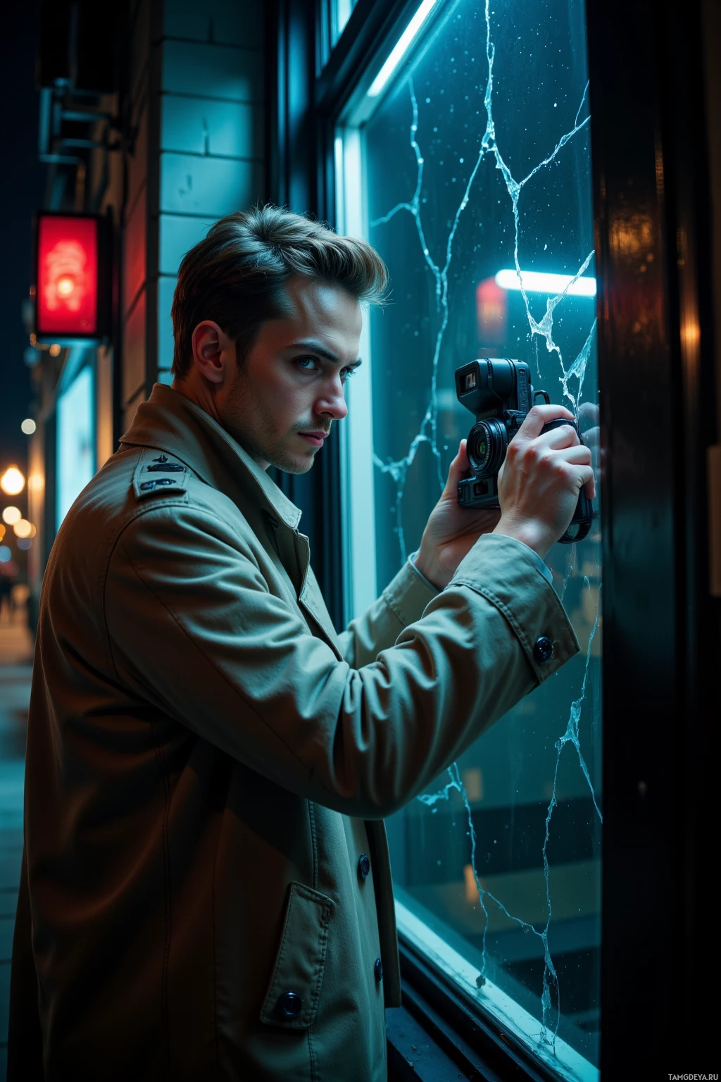 Мужчина в плаще стоит у окна, держа в руках фотоаппарат.