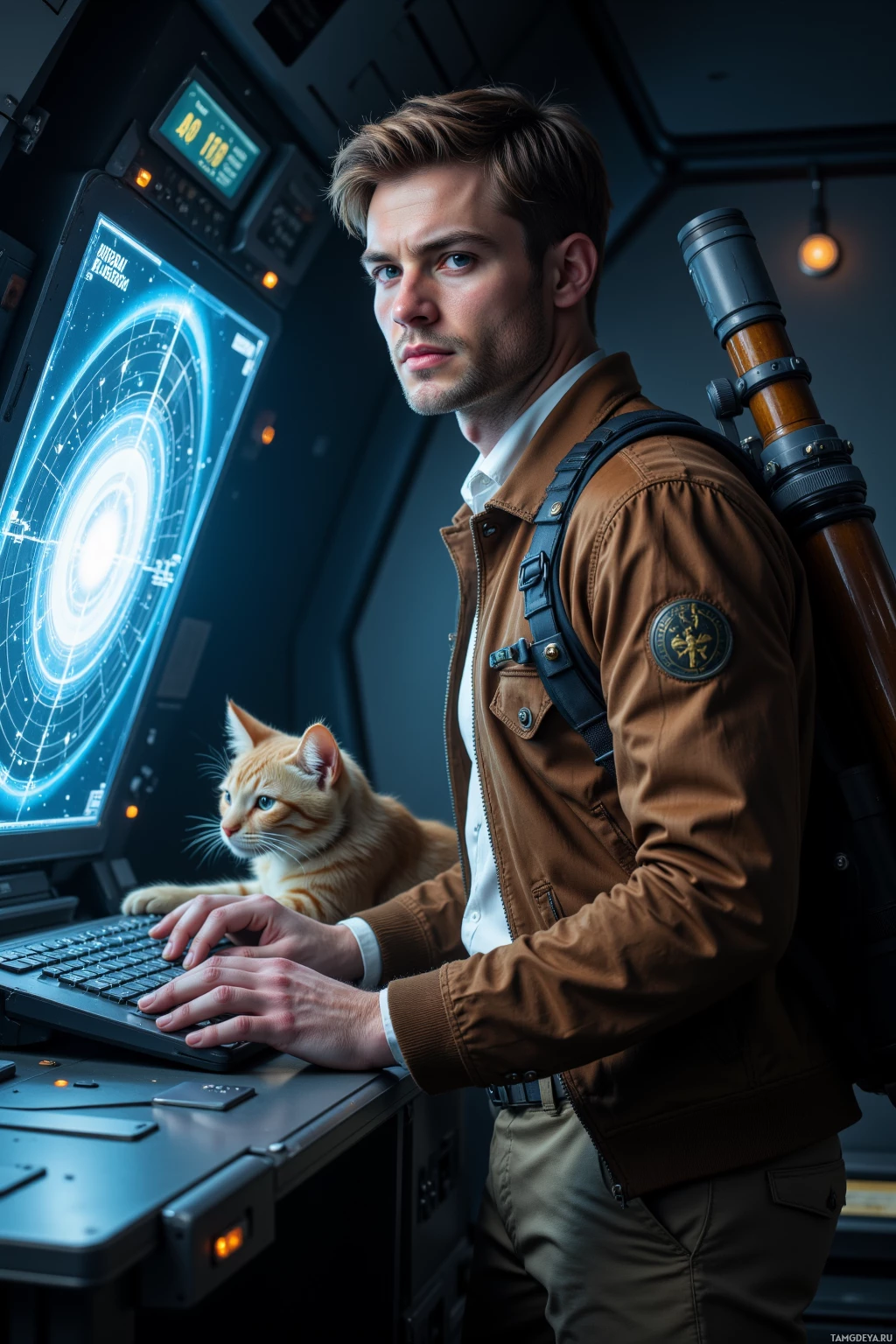 Мужчина в коричневой куртке стоит в футуристической диспетчерской, работая за компьютером, рядом с ним сидит кошка.