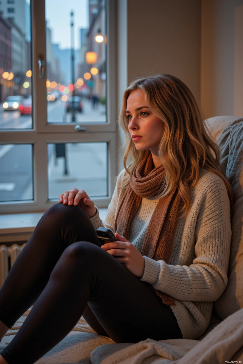 Женщина сидит у окна, смотрит на городской пейзаж и держит в руках телефон.