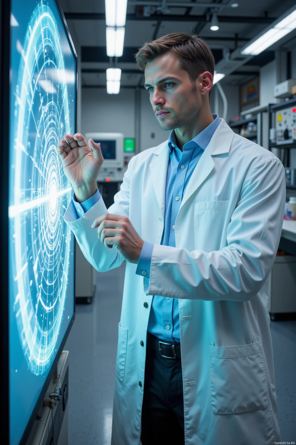 Мужчина в белом халате работает с большим, подсвеченным дисплеем в лаборатории.