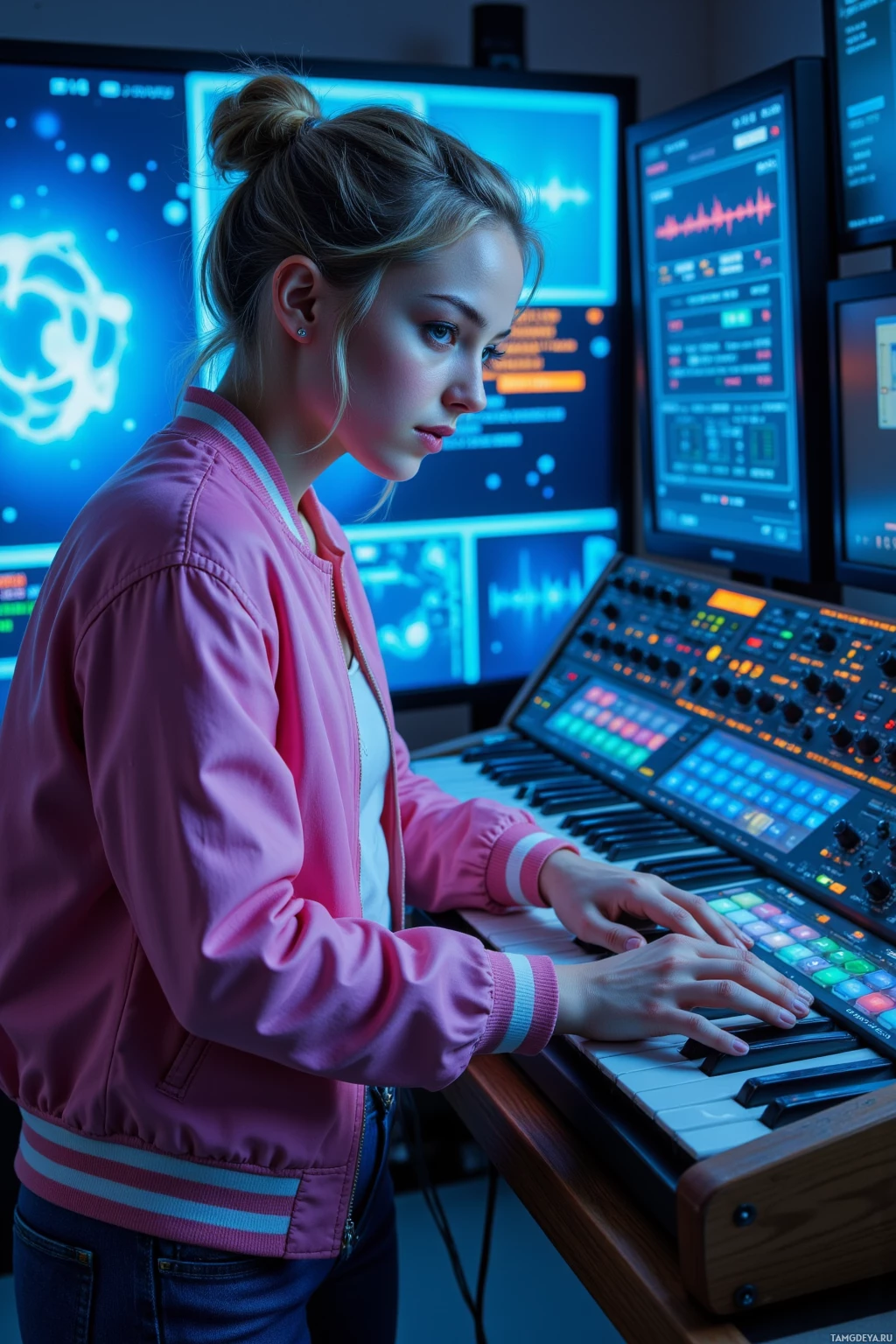 Человек в розовой куртке играет на синтезаторе в студии с несколькими мониторами.