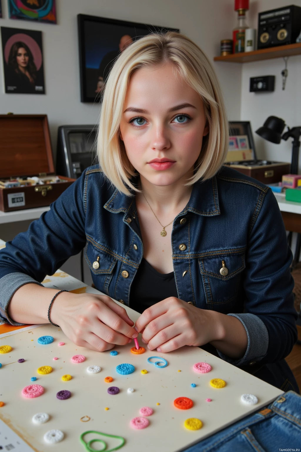 На столе, среди разбросанных ярких предметов, сидит человек с светлыми волосами в джинсовой куртке.