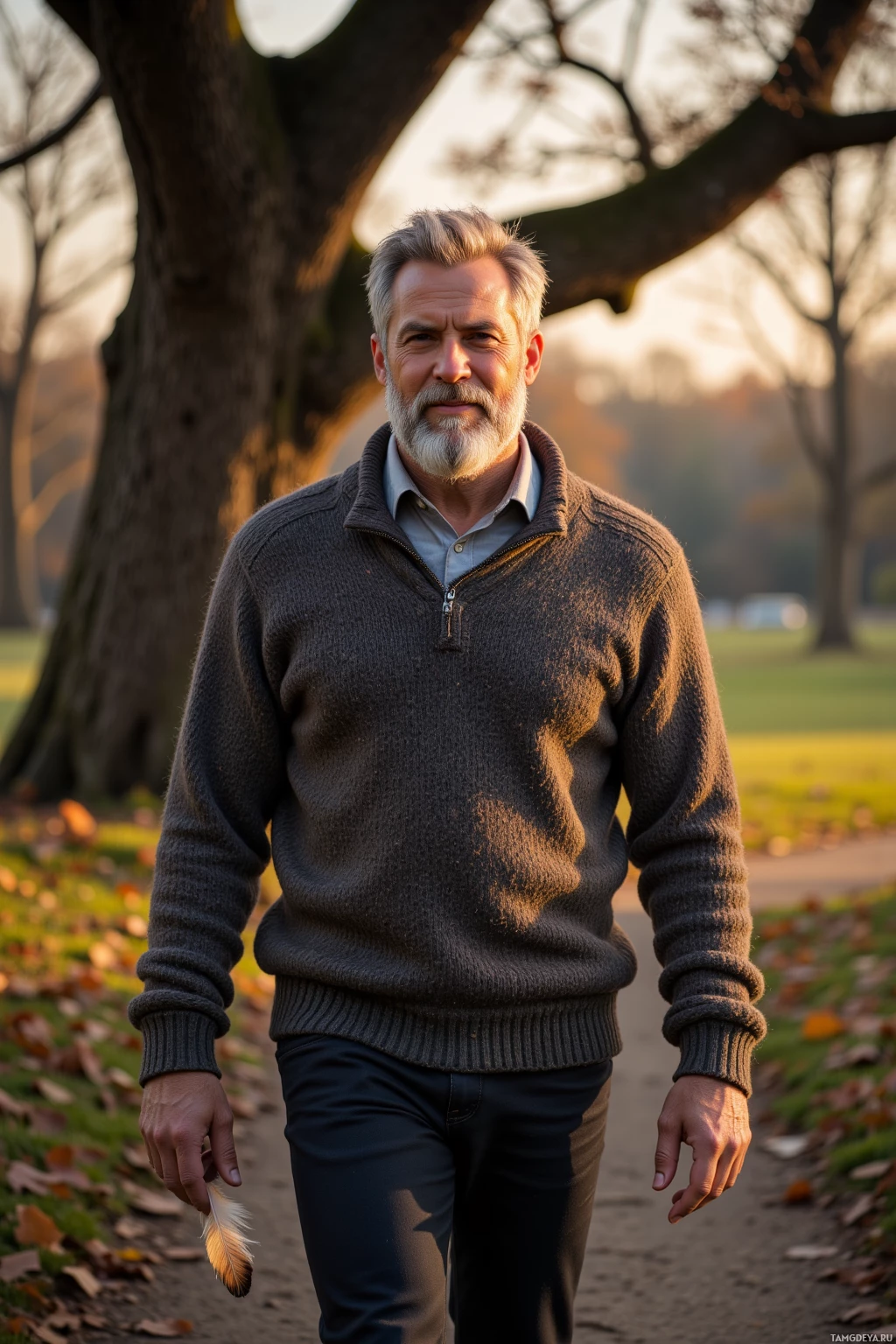 Мужчина идёт по аллее в парке, держа в руке перо.