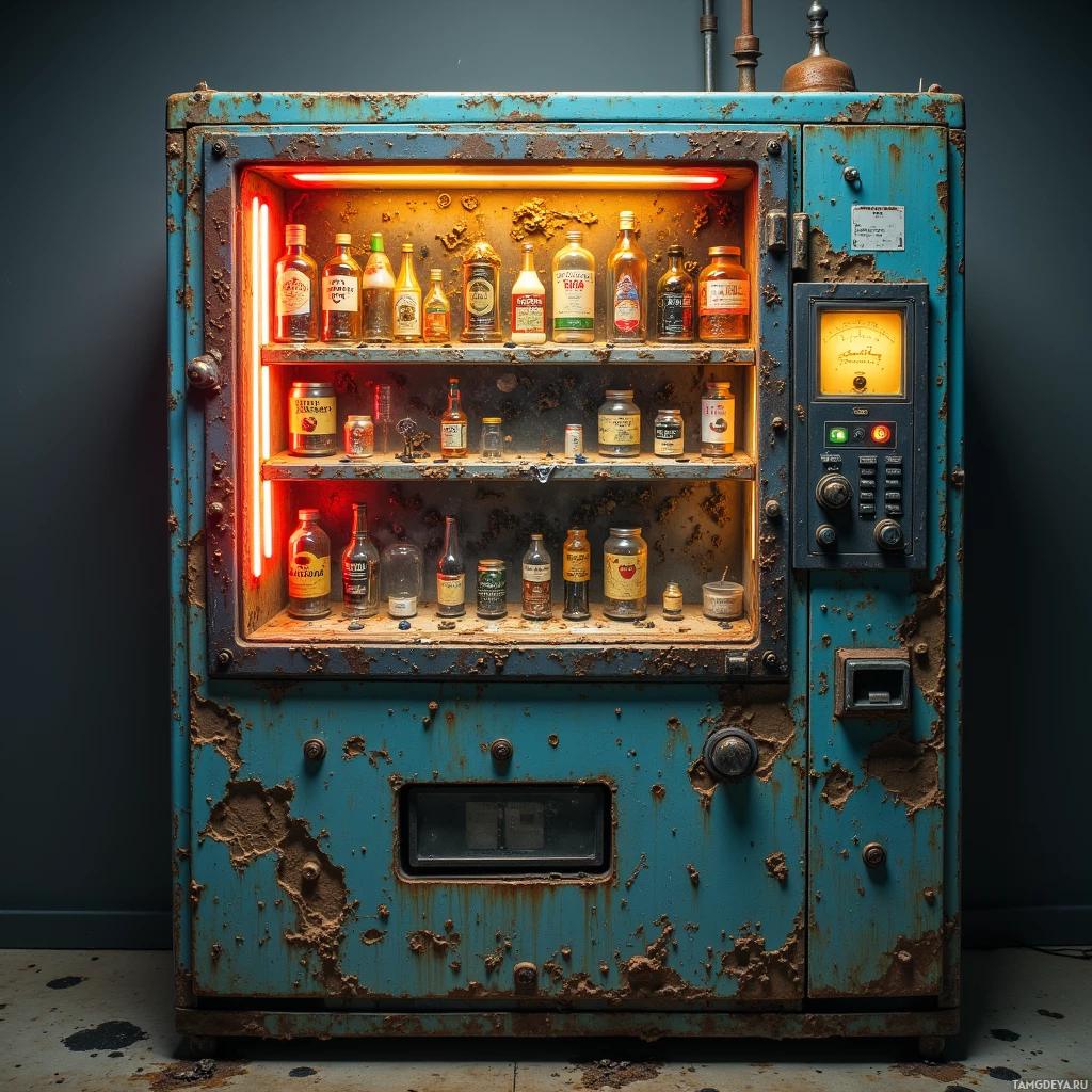 Старый, проржавевший автомат с бутылками внутри и панелью управления справа.